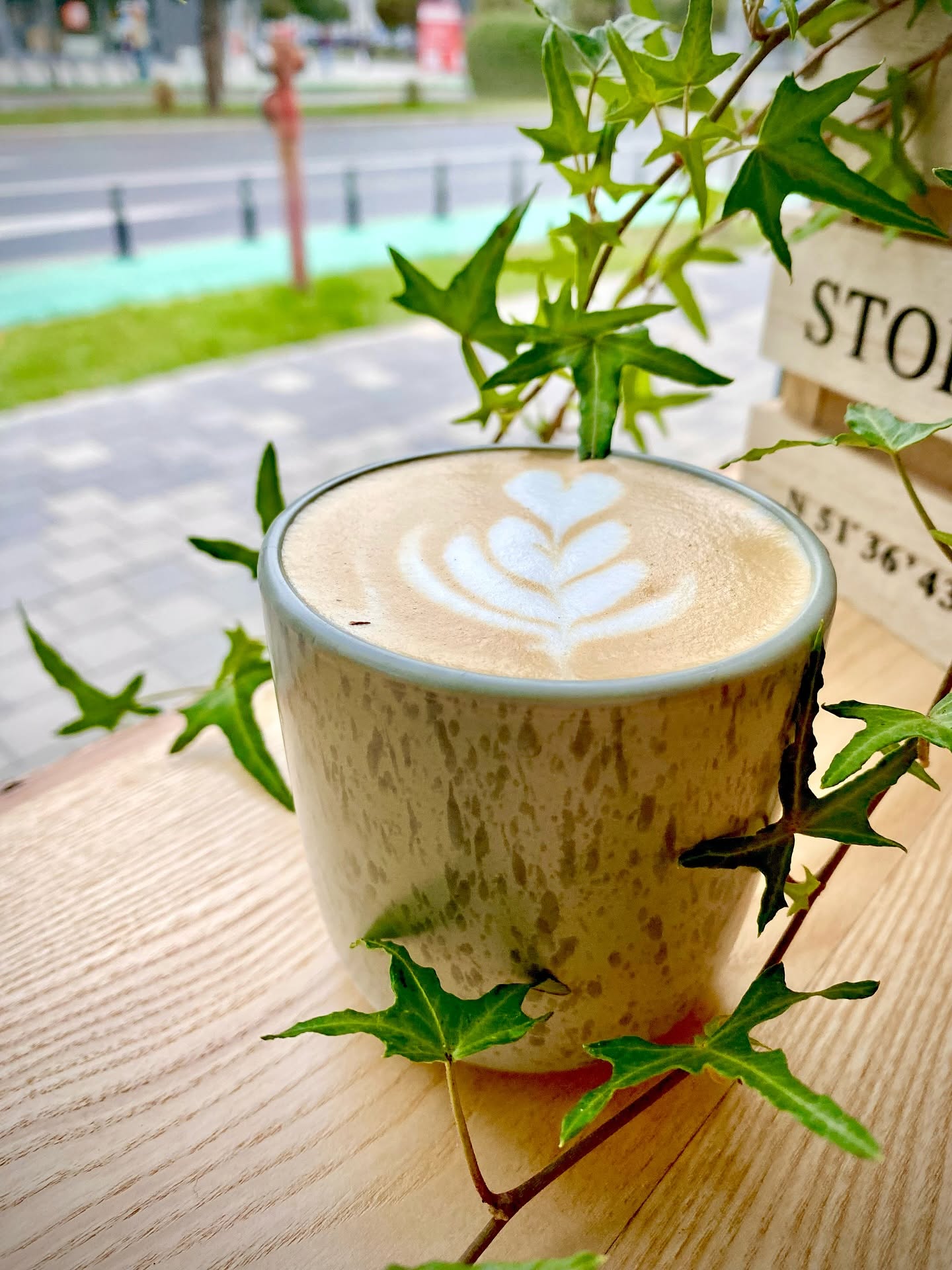 Detaliu de latte art într-o ceașcă ceramică, înconjurată de frunze verzi